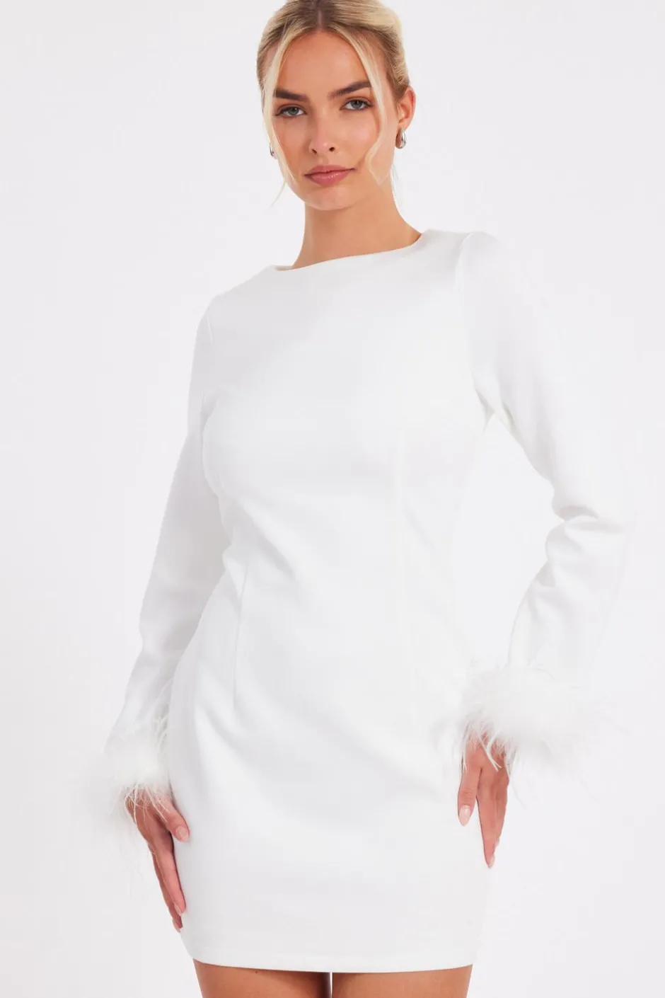 Quiz Feather Trim Mini Dress White Outlet