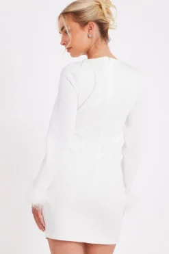 Quiz Feather Trim Mini Dress White Outlet