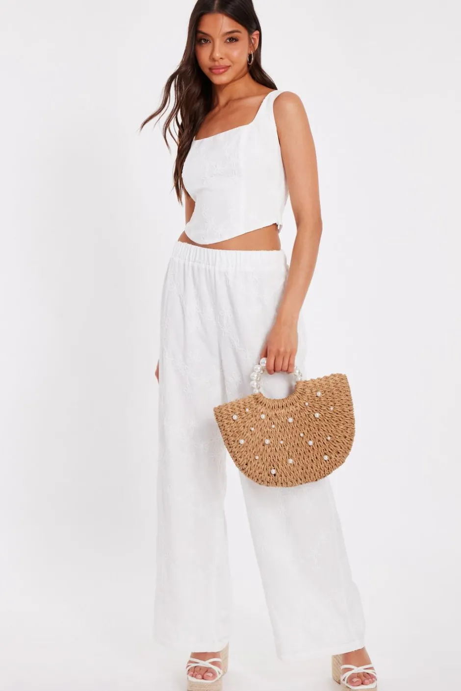 Quiz White Floral Embroidered Palazzo Trousers Sale