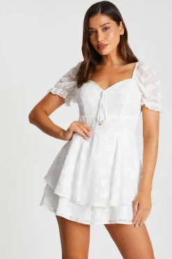 Quiz White Floral Jacquard Tiered Playsuit