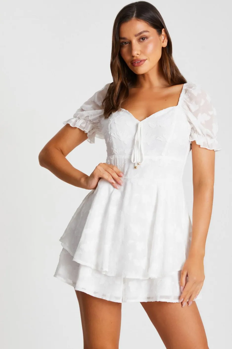 Quiz White Floral Jacquard Tiered Playsuit