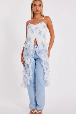 Quiz White Floral Long Ruffle Top Best
