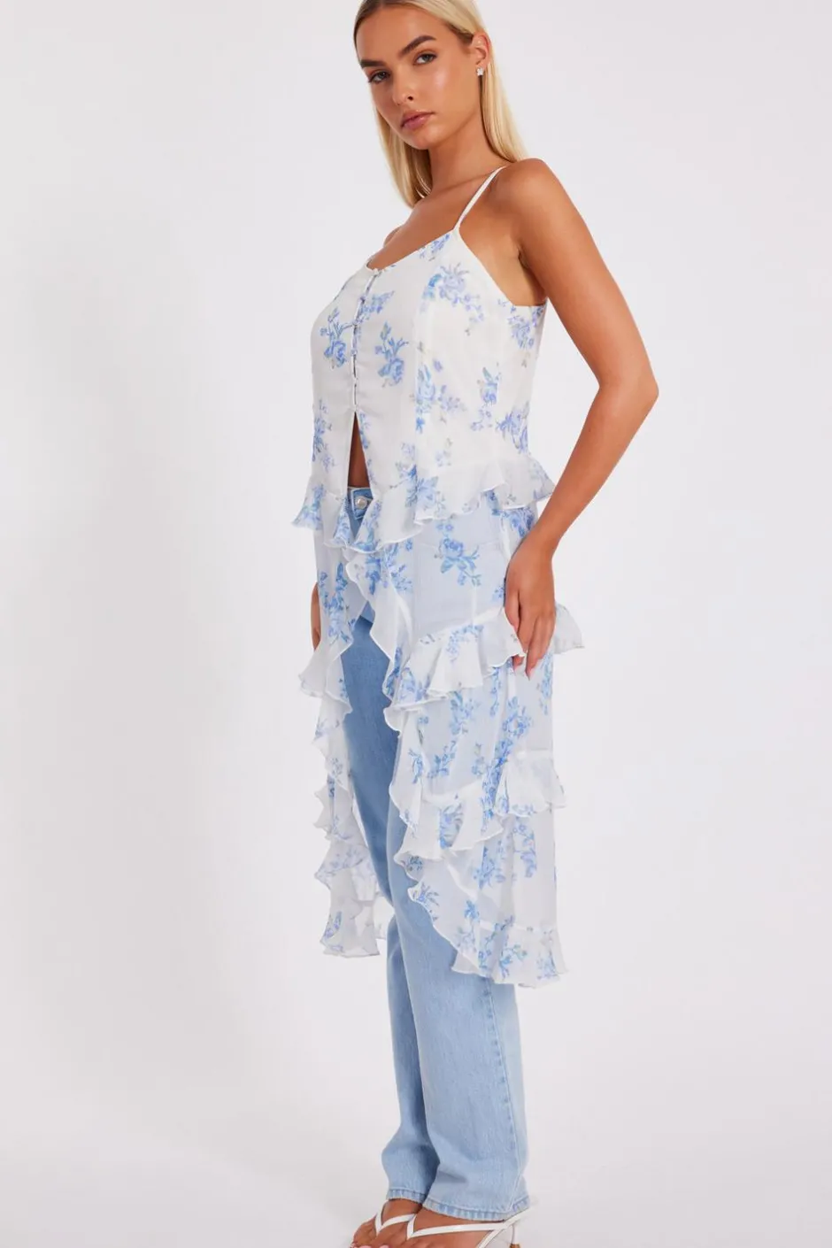 Quiz White Floral Long Ruffle Top Best