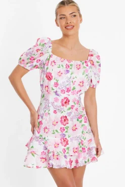 Quiz White Floral Puff Sleeve Dress Best