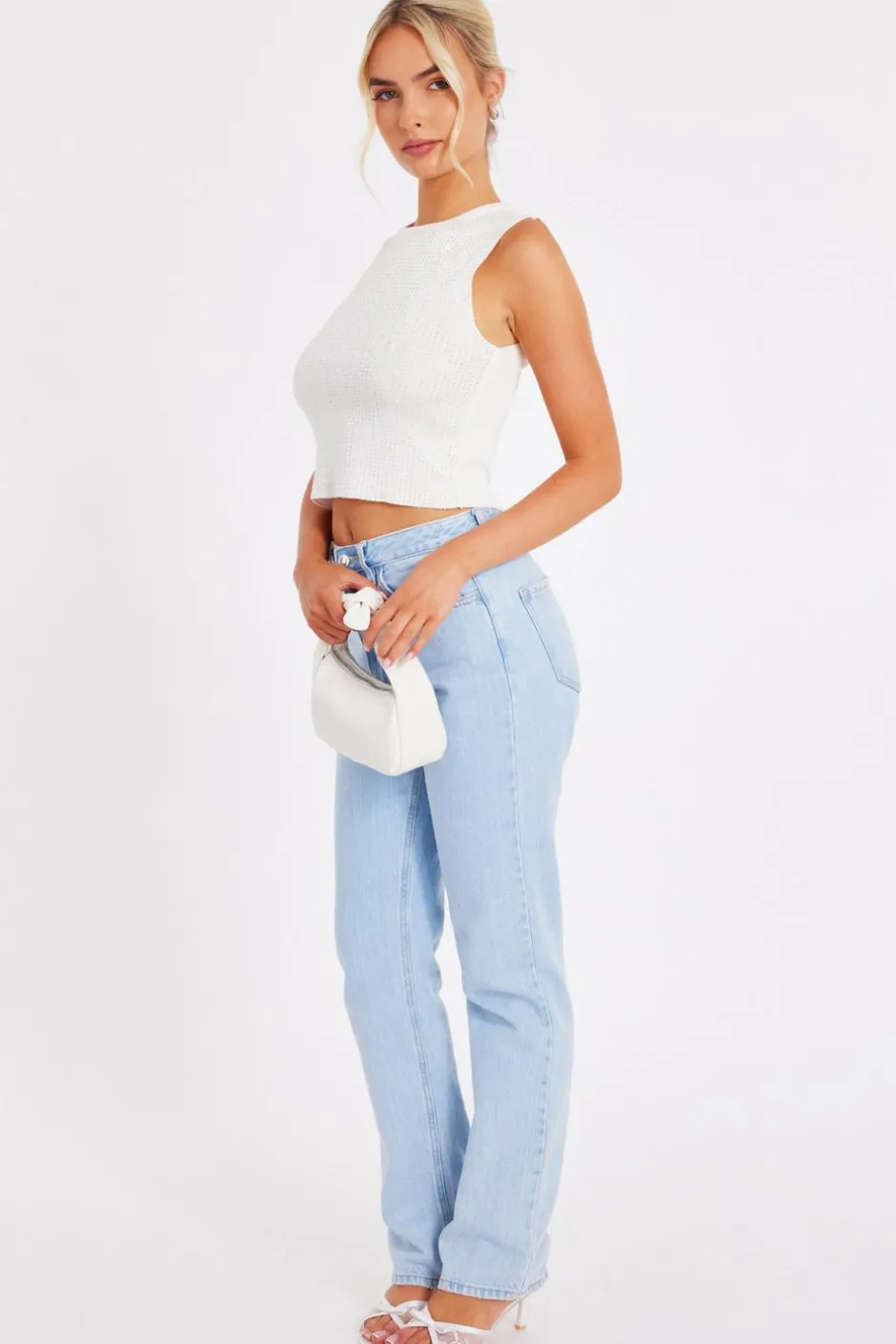 Quiz Knit Diamante Crop Top White New