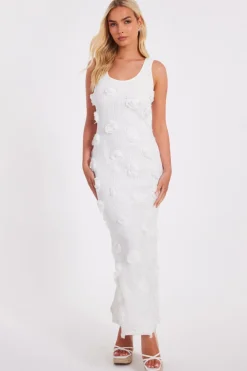 Quiz White Knitted Floral Midaxi Dress Outlet