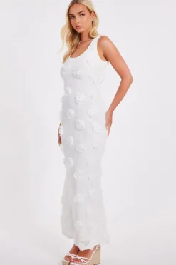 Quiz White Knitted Floral Midaxi Dress Outlet