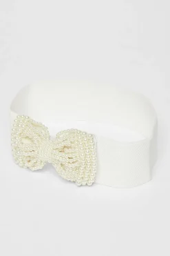 Quiz White Pearl Bow Stretch Belt Discount