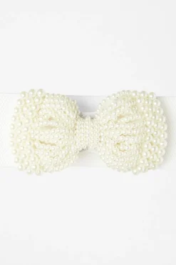 Quiz White Pearl Bow Stretch Belt Discount