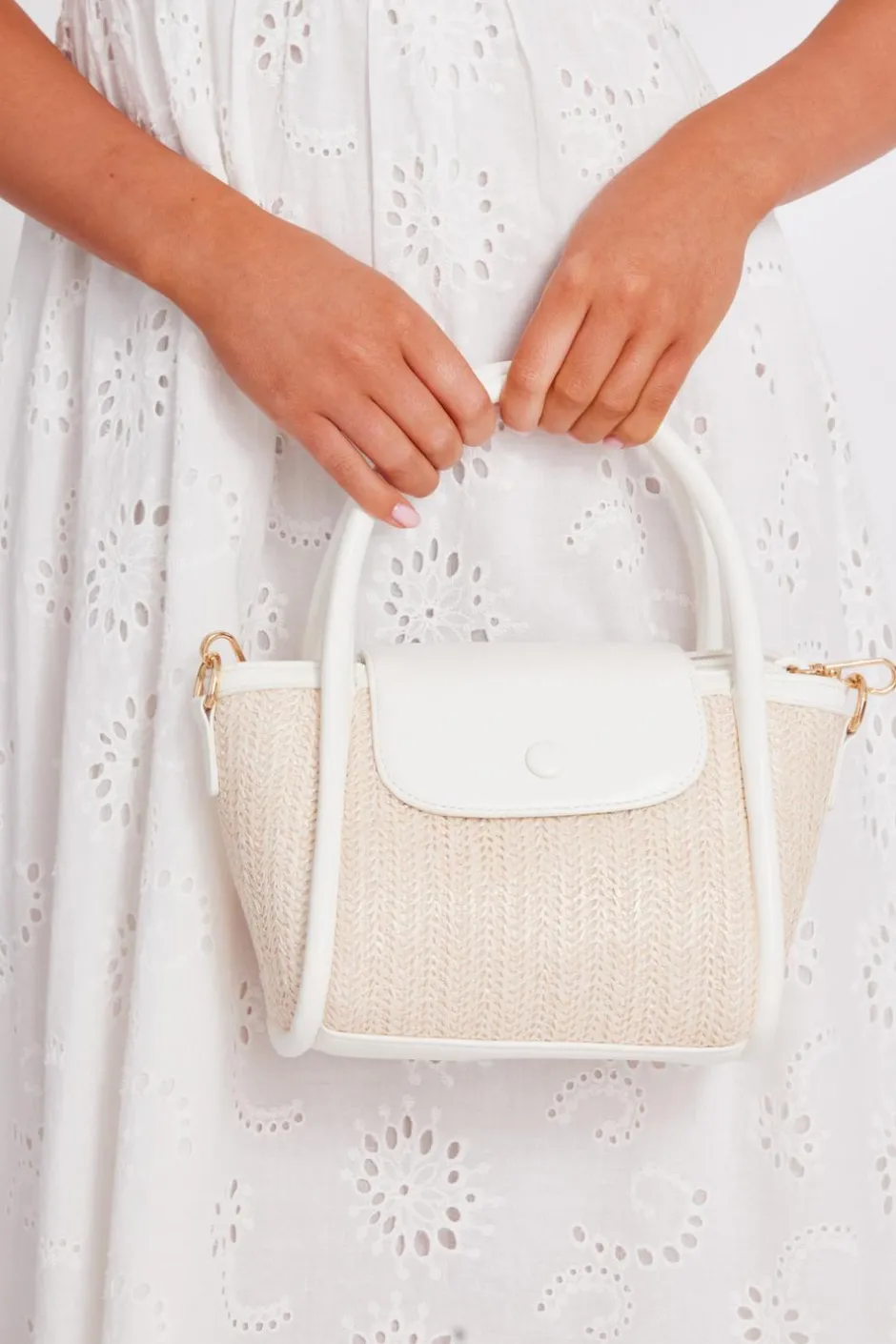 Quiz White Raffia Top Handle Bag Online