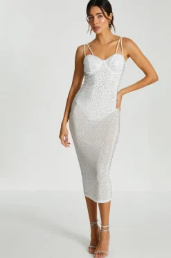 Quiz Rhinestone Bodycon Midi Dress White New