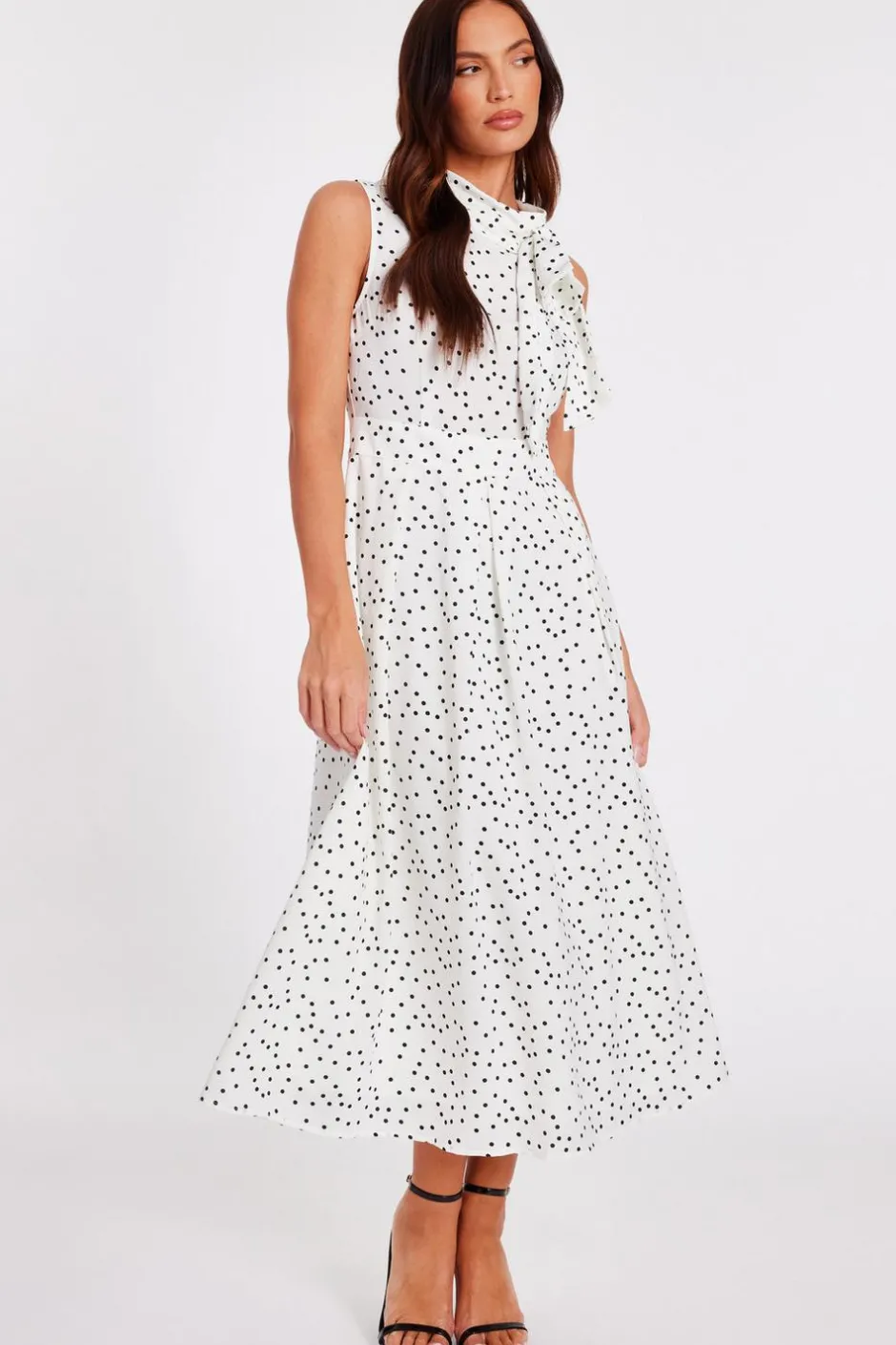Quiz Tie Neck Polka Dot Midaxi Dress White Clearance