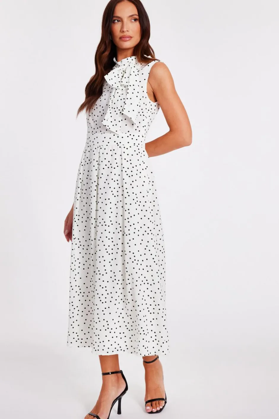 Quiz Tie Neck Polka Dot Midaxi Dress White Clearance