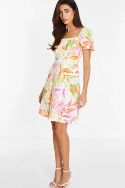 Quiz White Tropical Print Skater Dress Outlet