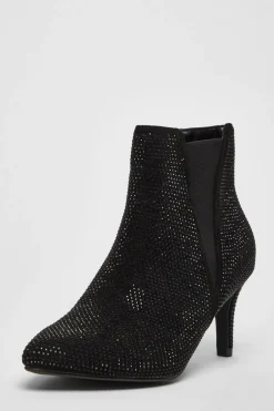Quiz Wide Fit Black Diamante Ankle Boots Hot