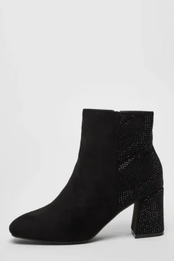 Quiz Wide Fit Black Diamante Ankle Boots