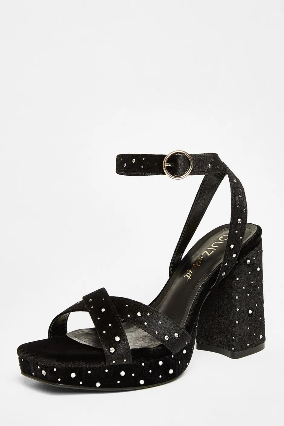 Quiz Wide Fit Black Diamante Block Heels Outlet