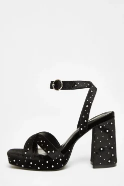 Quiz Wide Fit Black Diamante Block Heels Outlet