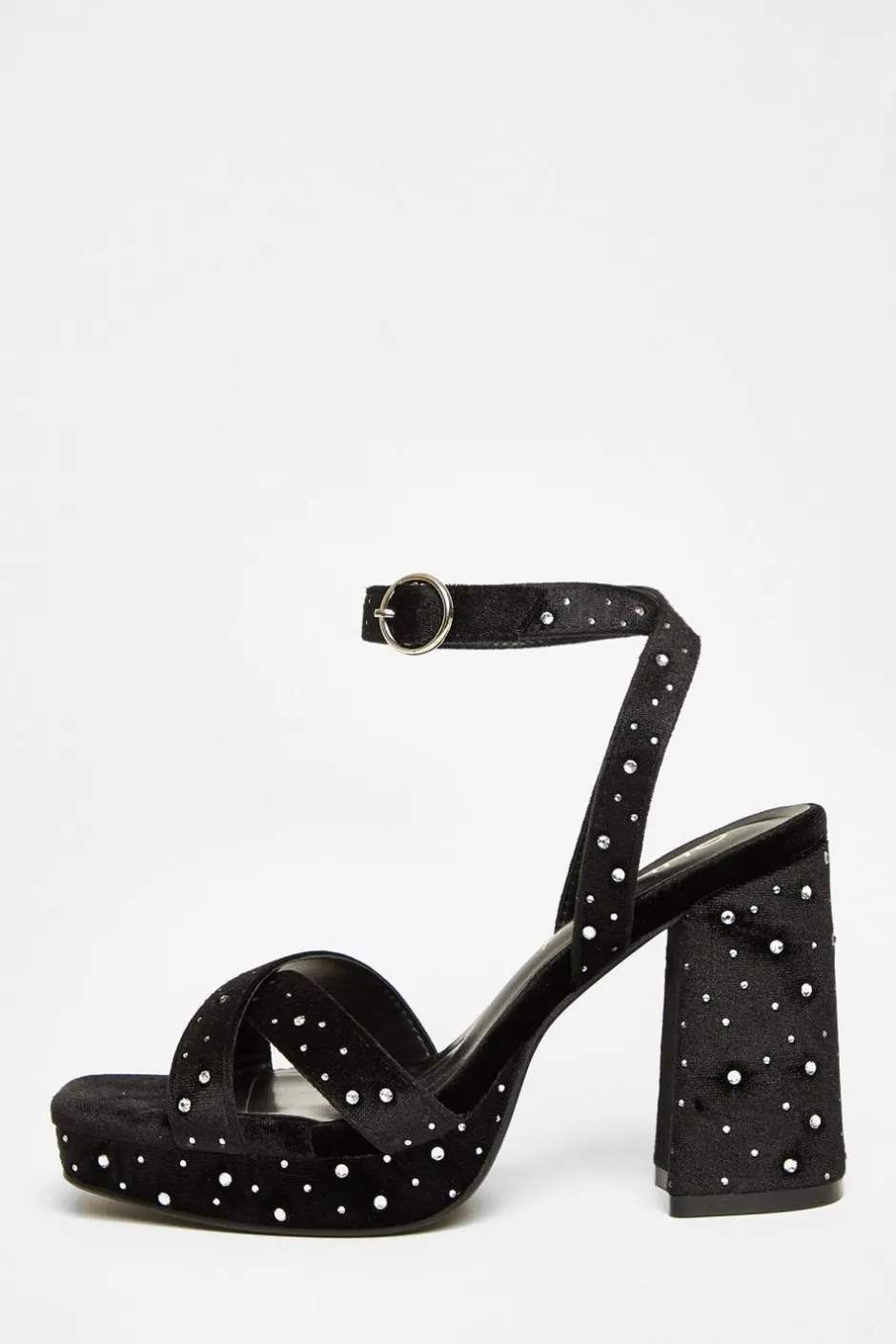 Quiz Wide Fit Black Diamante Block Heels Outlet