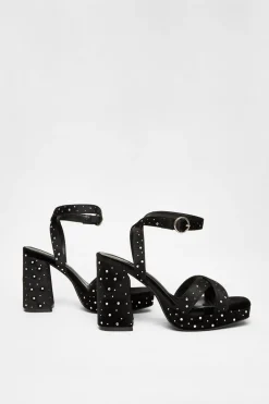 Quiz Wide Fit Black Diamante Block Heels Outlet