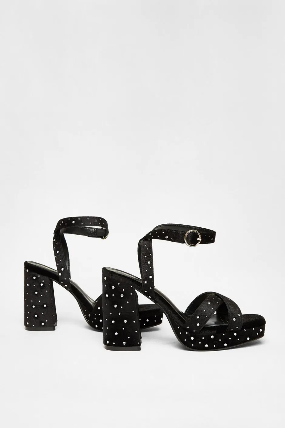 Quiz Wide Fit Black Diamante Block Heels Outlet