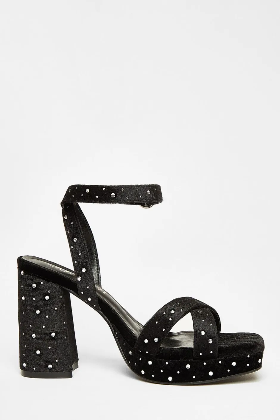 Quiz Wide Fit Black Diamante Block Heels Outlet