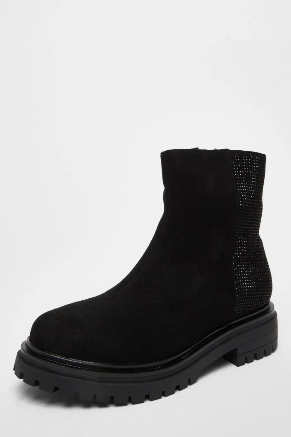Quiz Wide Fit Black Diamante Faux Suede Ankle Boots Clearance