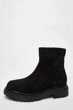 Quiz Wide Fit Black Diamante Faux Suede Ankle Boots Clearance