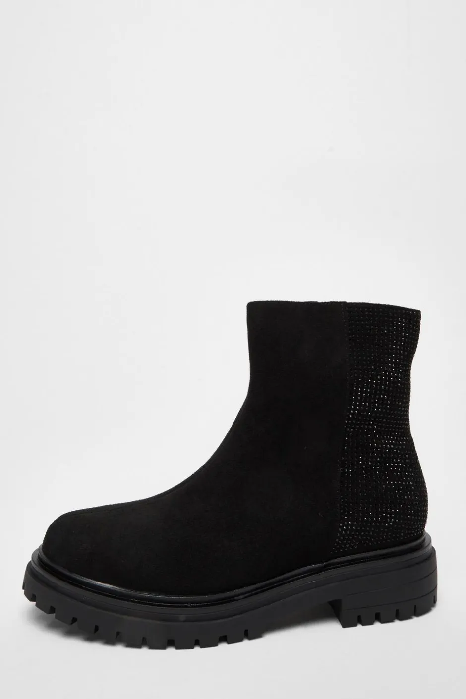 Quiz Wide Fit Black Diamante Faux Suede Ankle Boots Clearance
