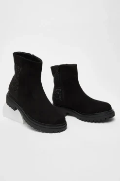 Quiz Wide Fit Black Diamante Faux Suede Ankle Boots Clearance