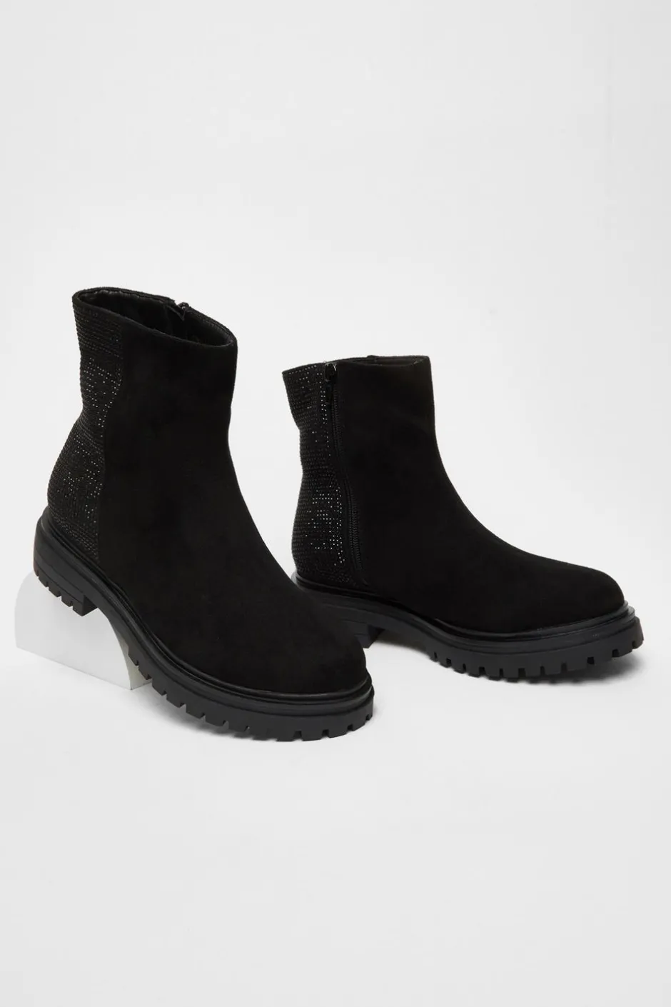 Quiz Wide Fit Black Diamante Faux Suede Ankle Boots Clearance