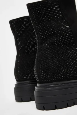 Quiz Wide Fit Black Diamante Faux Suede Ankle Boots Clearance
