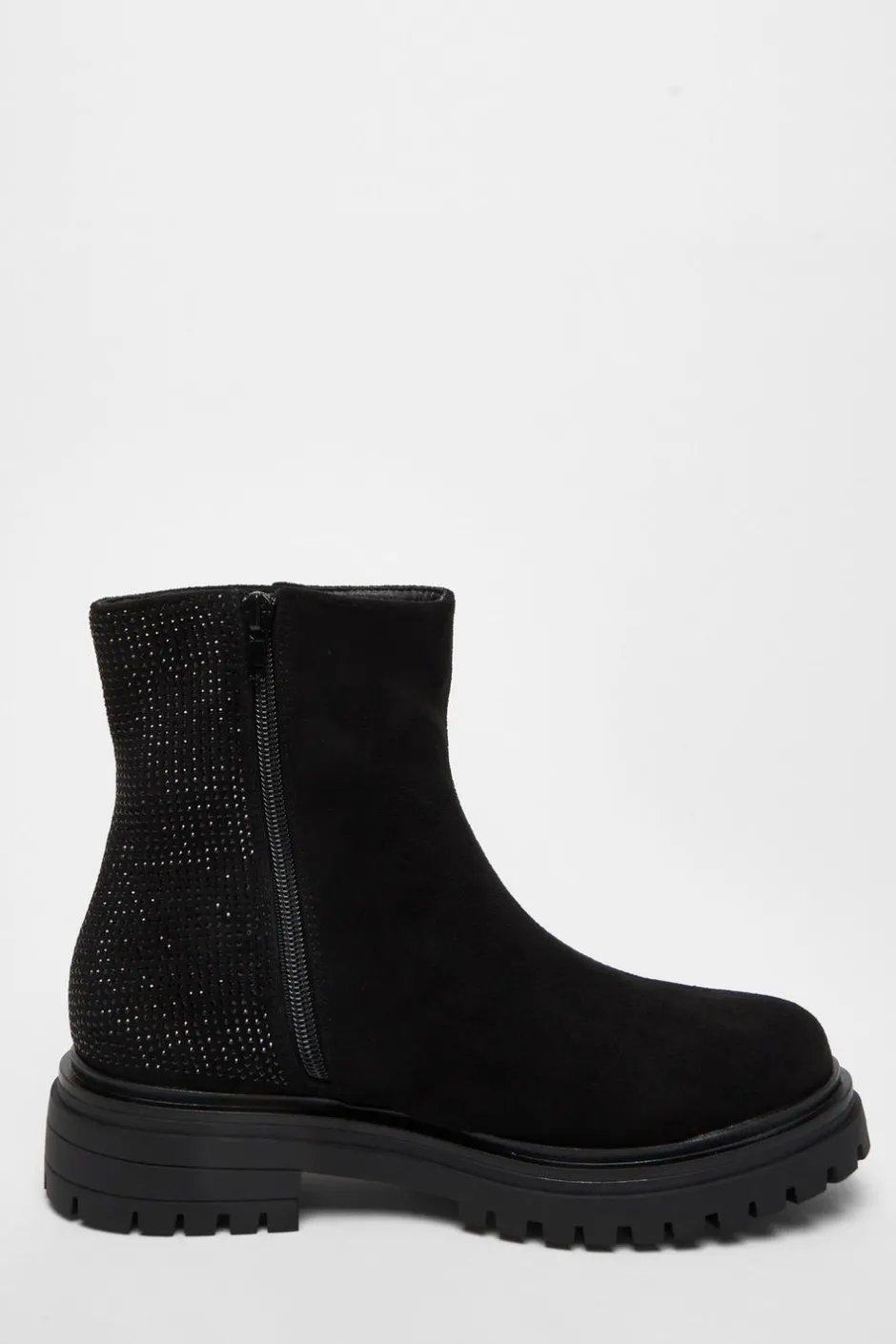 Quiz Wide Fit Black Diamante Faux Suede Ankle Boots Clearance
