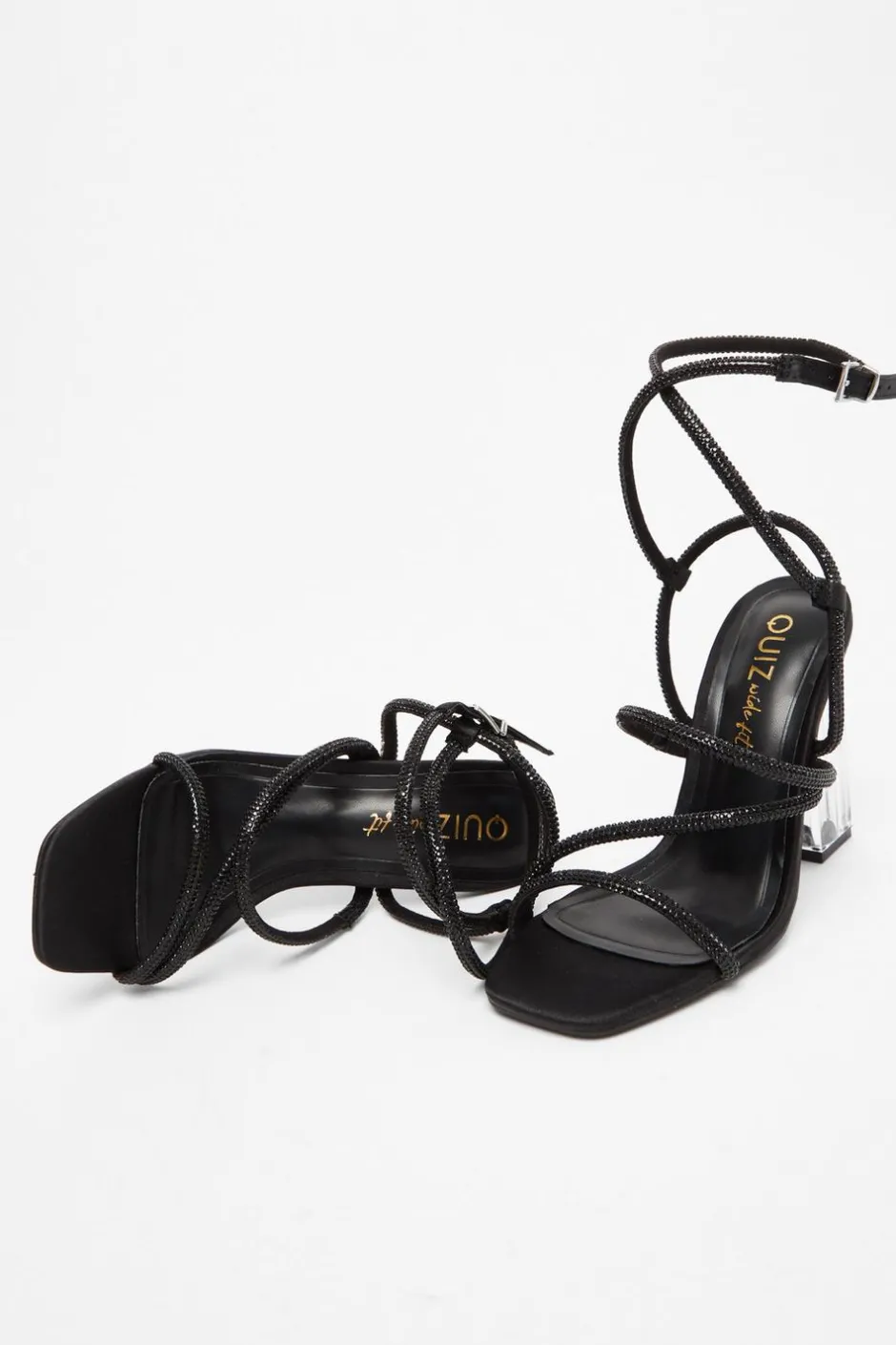 Quiz Wide Fit Black Diamante Heeled Sandals Outlet