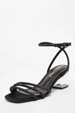 Quiz Wide Fit Black Diamante Low Heeled Sandal