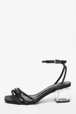 Quiz Wide Fit Black Diamante Low Heeled Sandal