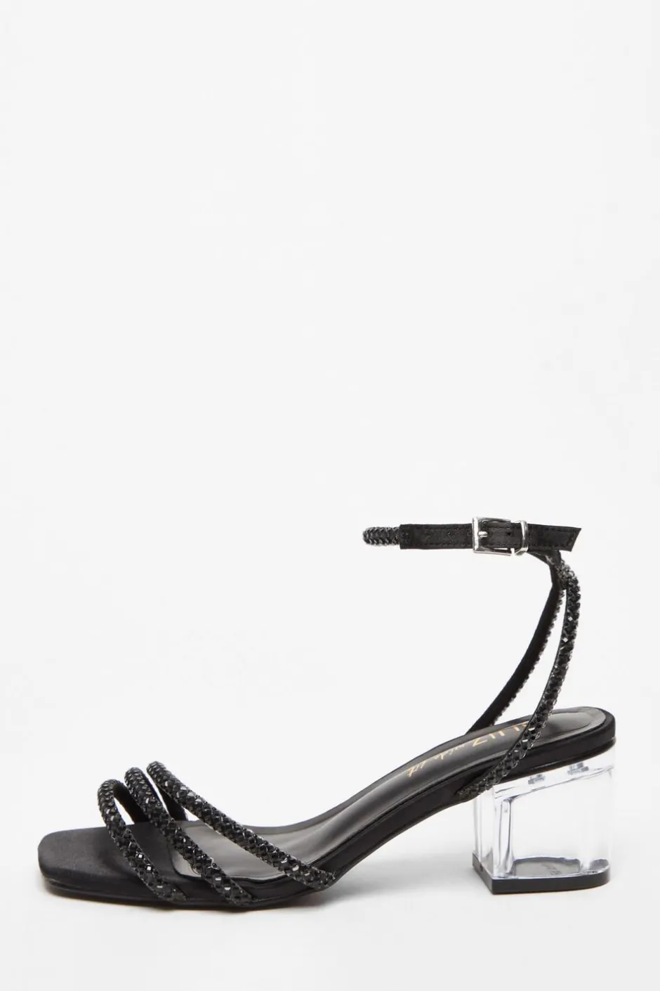 Quiz Wide Fit Black Diamante Low Heeled Sandal