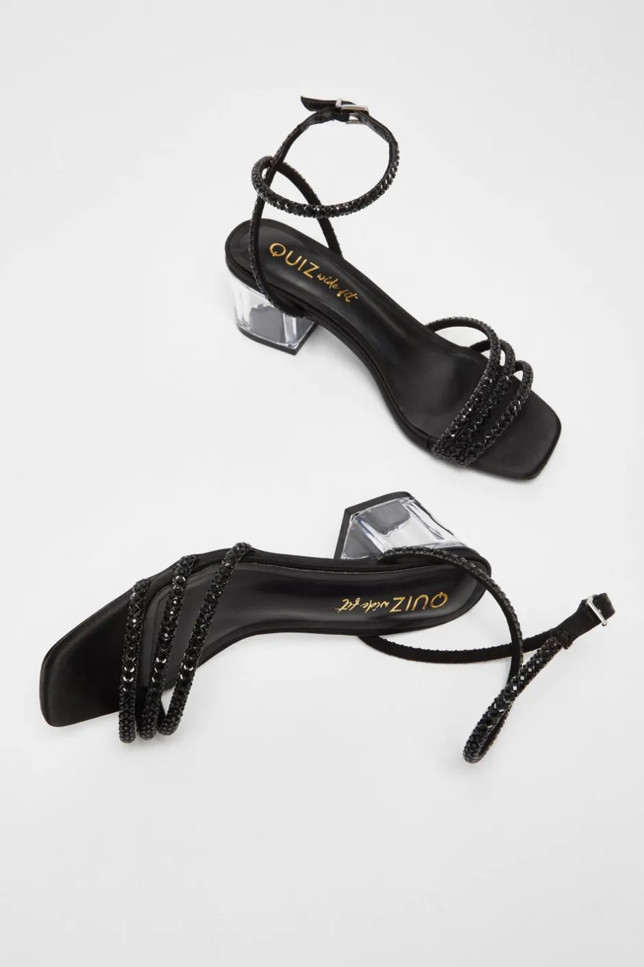 Quiz Wide Fit Black Diamante Low Heeled Sandal
