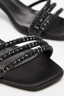 Quiz Wide Fit Black Diamante Low Heeled Sandal