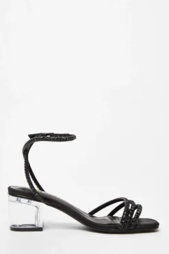Quiz Wide Fit Black Diamante Low Heeled Sandal