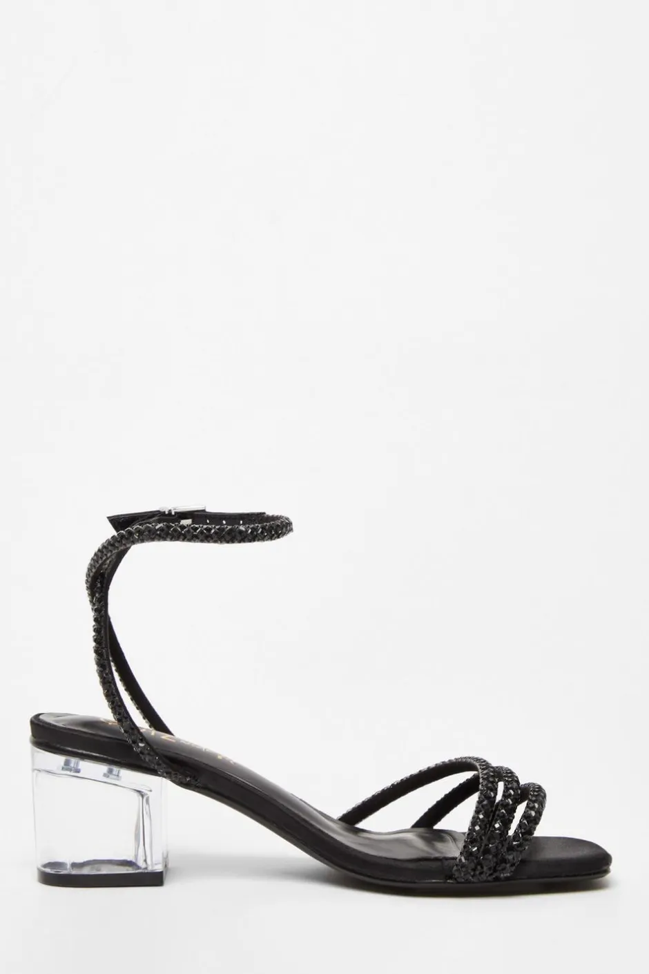 Quiz Wide Fit Black Diamante Low Heeled Sandal