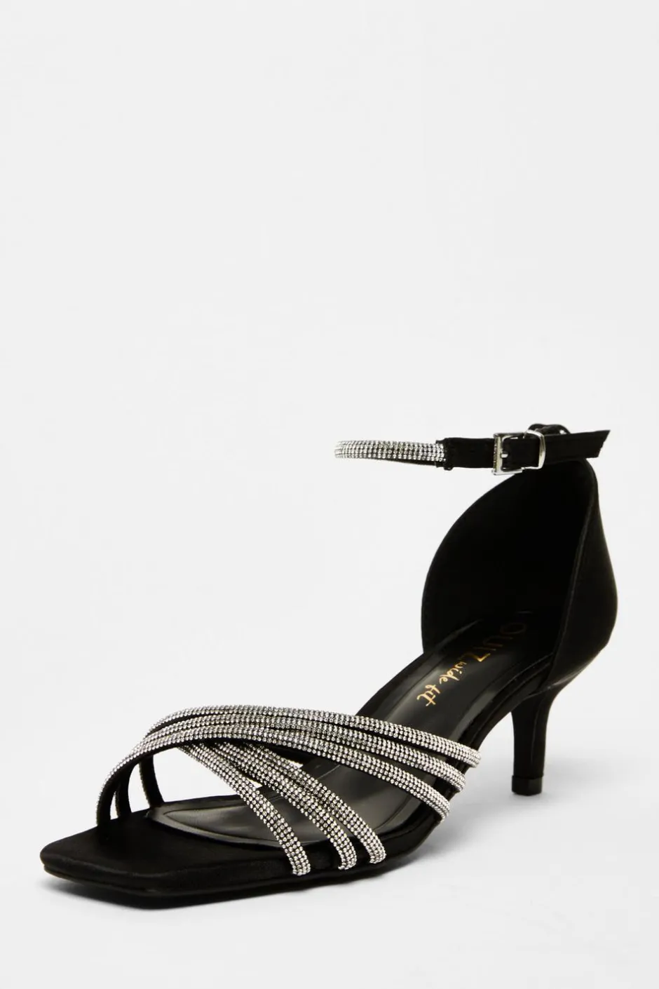 Quiz Wide Fit Black Diamante Short Heels Outlet
