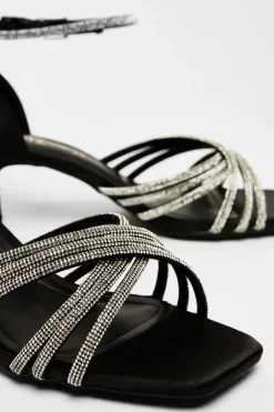Quiz Wide Fit Black Diamante Short Heels Outlet