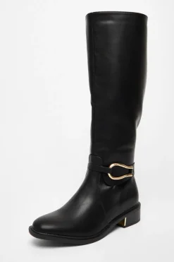 Quiz Wide Fit Black Faux Leather Knee High Flat Boots Best