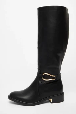 Quiz Wide Fit Black Faux Leather Knee High Flat Boots Best