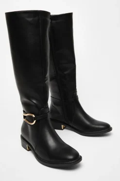 Quiz Wide Fit Black Faux Leather Knee High Flat Boots Best