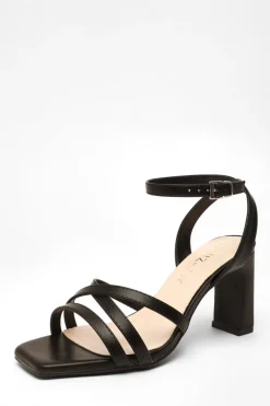 Quiz Wide Fit Black Faux Leather Strappy Heeled Sandals Online