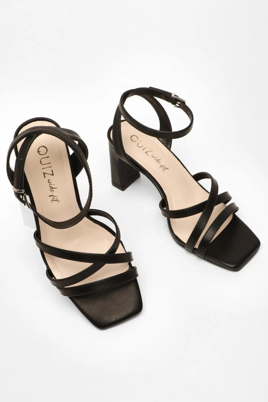 Quiz Wide Fit Black Faux Leather Strappy Heeled Sandals Online
