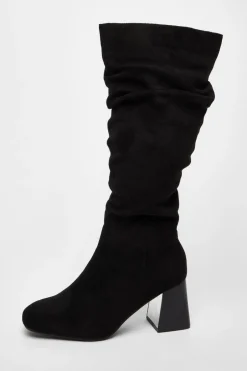 Quiz Wide Fit Knee High Faux Suede Block Heel Boots Black Best