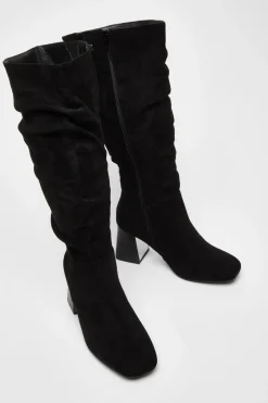 Quiz Wide Fit Knee High Faux Suede Block Heel Boots Black Best